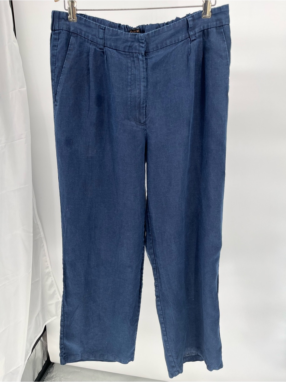 Quince 100% European Linen Pleated Wide Leg Pants Navy Blue Elastic Back Size 12